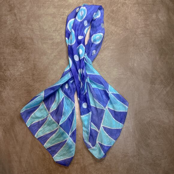 Aaron Bangladesh Blue Satin Geometric Lightweight Scarf Rectangle Boho Hippie - Picture 2 of 6